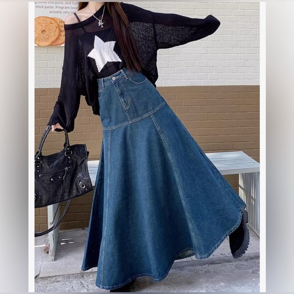 Kisidoo Denim Maxi Skirt，Casual Long Skirts with Pocket for Women XL